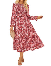 GRACE KARIN Women's Floral Midi Dress 2025 Long Sleeve Fall Elegant Smocked Tiered Flowy Wedding Guest Dresses with Pockets - 7DAY'S