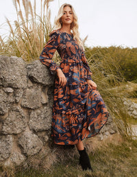 GRACE KARIN Women's Floral Midi Dress 2025 Long Sleeve Fall Elegant Smocked Tiered Flowy Wedding Guest Dresses with Pockets - 7DAY'S