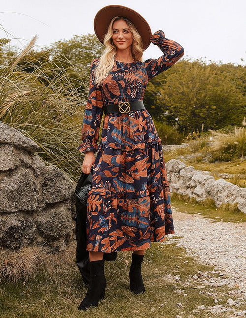 GRACE KARIN Women's Floral Midi Dress 2025 Long Sleeve Fall Elegant Smocked Tiered Flowy Wedding Guest Dresses with Pockets - 7DAY'S