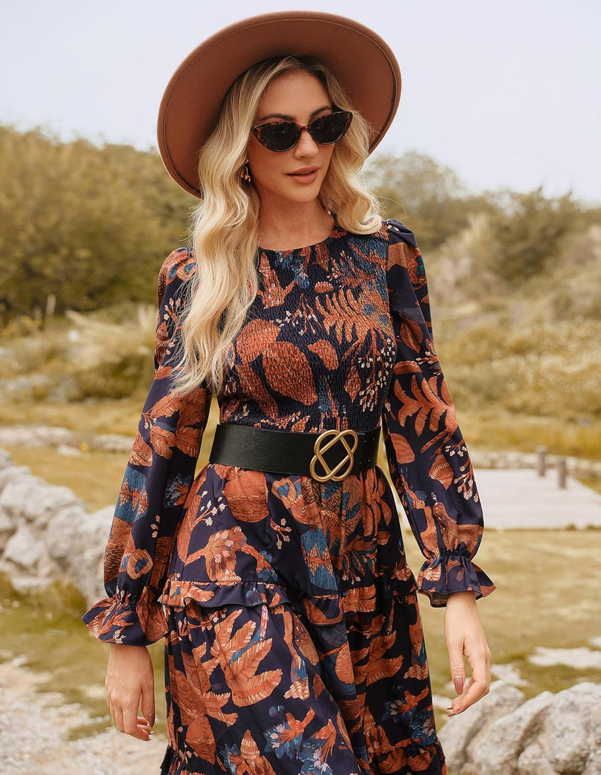 GRACE KARIN Women's Floral Midi Dress 2025 Long Sleeve Fall Elegant Smocked Tiered Flowy Wedding Guest Dresses with Pockets - 7DAY'S