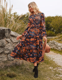 GRACE KARIN Women's Floral Midi Dress 2025 Long Sleeve Fall Elegant Smocked Tiered Flowy Wedding Guest Dresses with Pockets - 7DAY'S