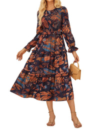 GRACE KARIN Women's Floral Midi Dress 2025 Long Sleeve Fall Elegant Smocked Tiered Flowy Wedding Guest Dresses with Pockets - 7DAY'S