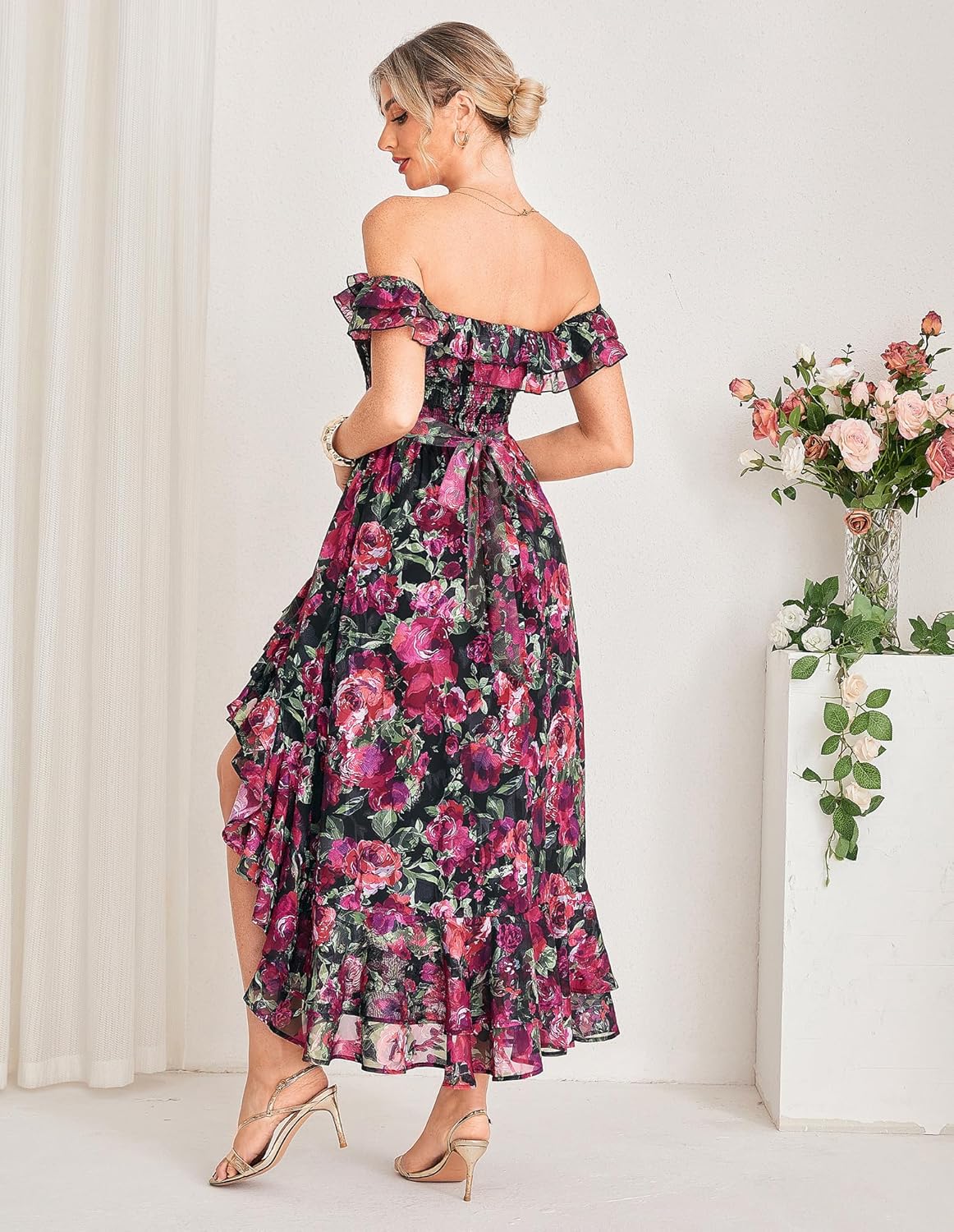 GRACE KARIN Women's Floral Print Maxi Dress Off Shoulder Smocked A Line Flowy Ruffle Wedding Guest Dresses with Pockets - 7DAY'S