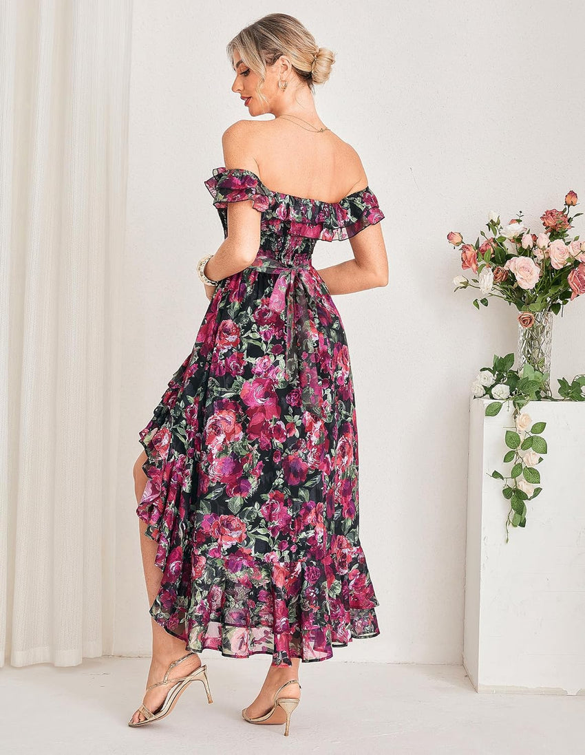 GRACE KARIN Women's Floral Print Maxi Dress Off Shoulder Smocked A Line Flowy Ruffle Wedding Guest Dresses with Pockets - 7DAY'S