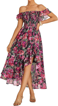 GRACE KARIN Women's Floral Print Maxi Dress Off Shoulder Smocked A Line Flowy Ruffle Wedding Guest Dresses with Pockets - 7DAY'S