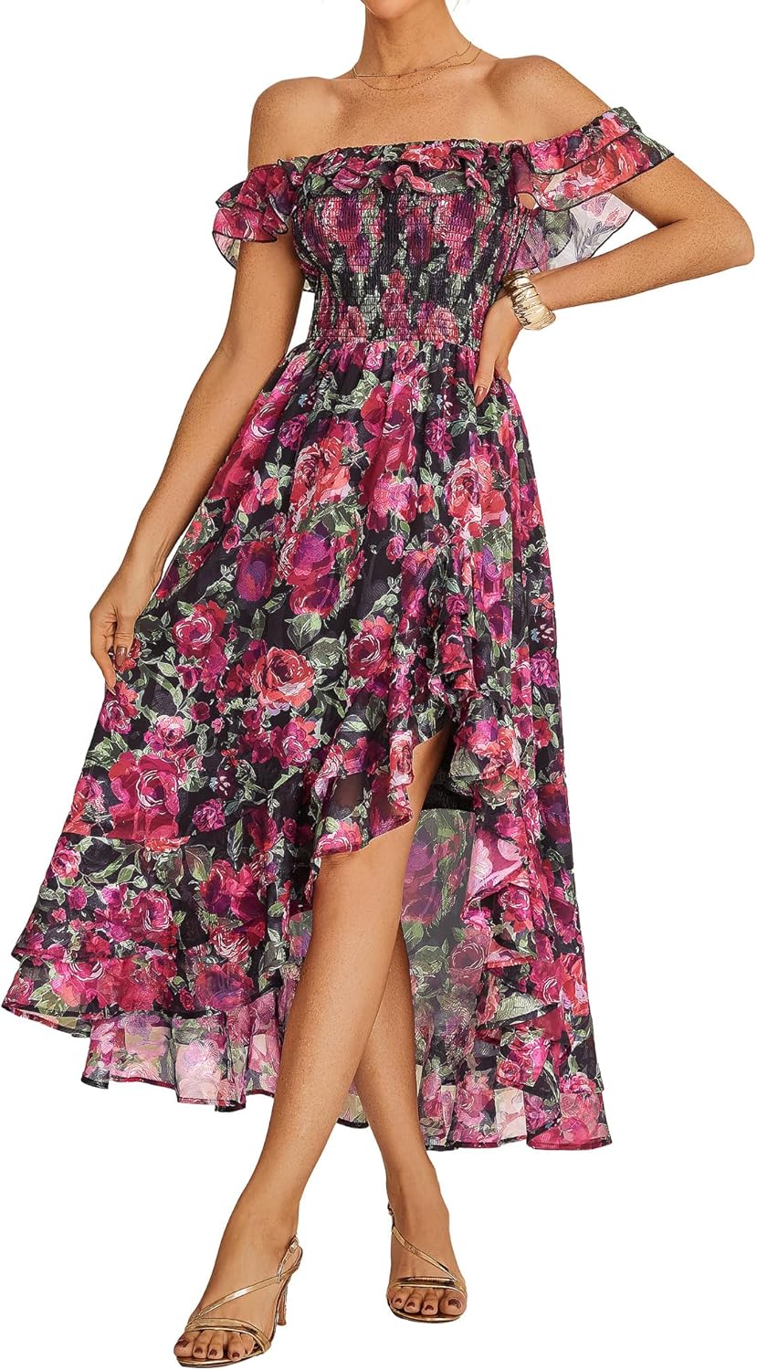 GRACE KARIN Women's Floral Print Maxi Dress Off Shoulder Smocked A Line Flowy Ruffle Wedding Guest Dresses with Pockets - 7DAY'S