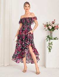 GRACE KARIN Women's Floral Print Maxi Dress Off Shoulder Smocked A Line Flowy Ruffle Wedding Guest Dresses with Pockets - 7DAY'S