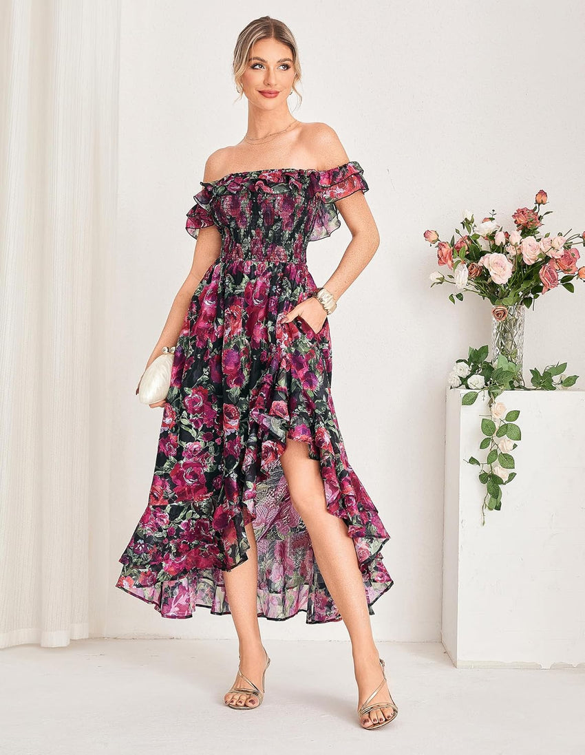 GRACE KARIN Women's Floral Print Maxi Dress Off Shoulder Smocked A Line Flowy Ruffle Wedding Guest Dresses with Pockets - 7DAY'S