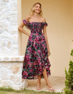 GRACE KARIN Women's Floral Print Maxi Dress Off Shoulder Smocked A Line Flowy Ruffle Wedding Guest Dresses with Pockets - 7DAY'S