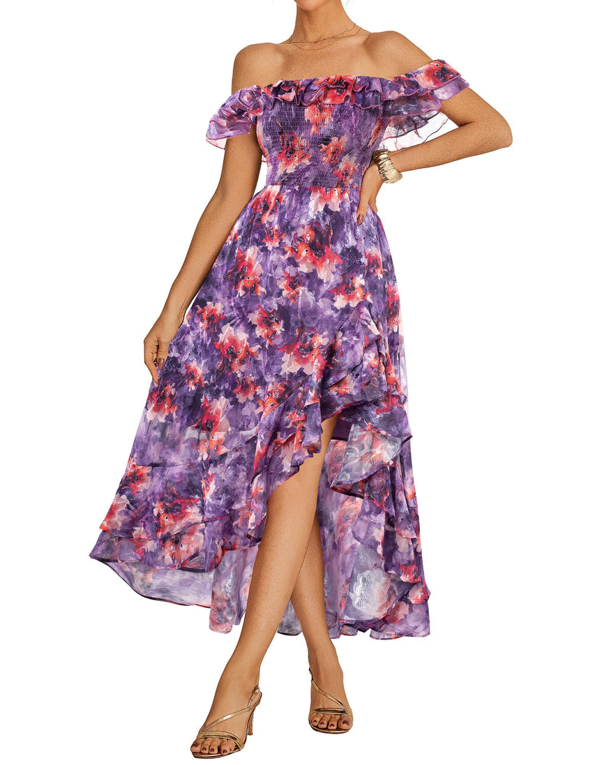 GRACE KARIN Women's Floral Print Maxi Dress Off Shoulder Smocked A Line Flowy Ruffle Wedding Guest Dresses with Pockets - 7DAY'S