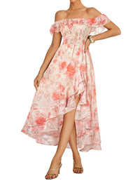 GRACE KARIN Women's Floral Print Maxi Dress Off Shoulder Smocked A Line Flowy Ruffle Wedding Guest Dresses with Pockets - 7DAY'S