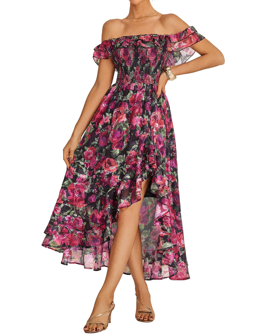 GRACE KARIN Women's Floral Print Maxi Dress Off Shoulder Smocked A Line Flowy Ruffle Wedding Guest Dresses with Pockets - 7DAY'S