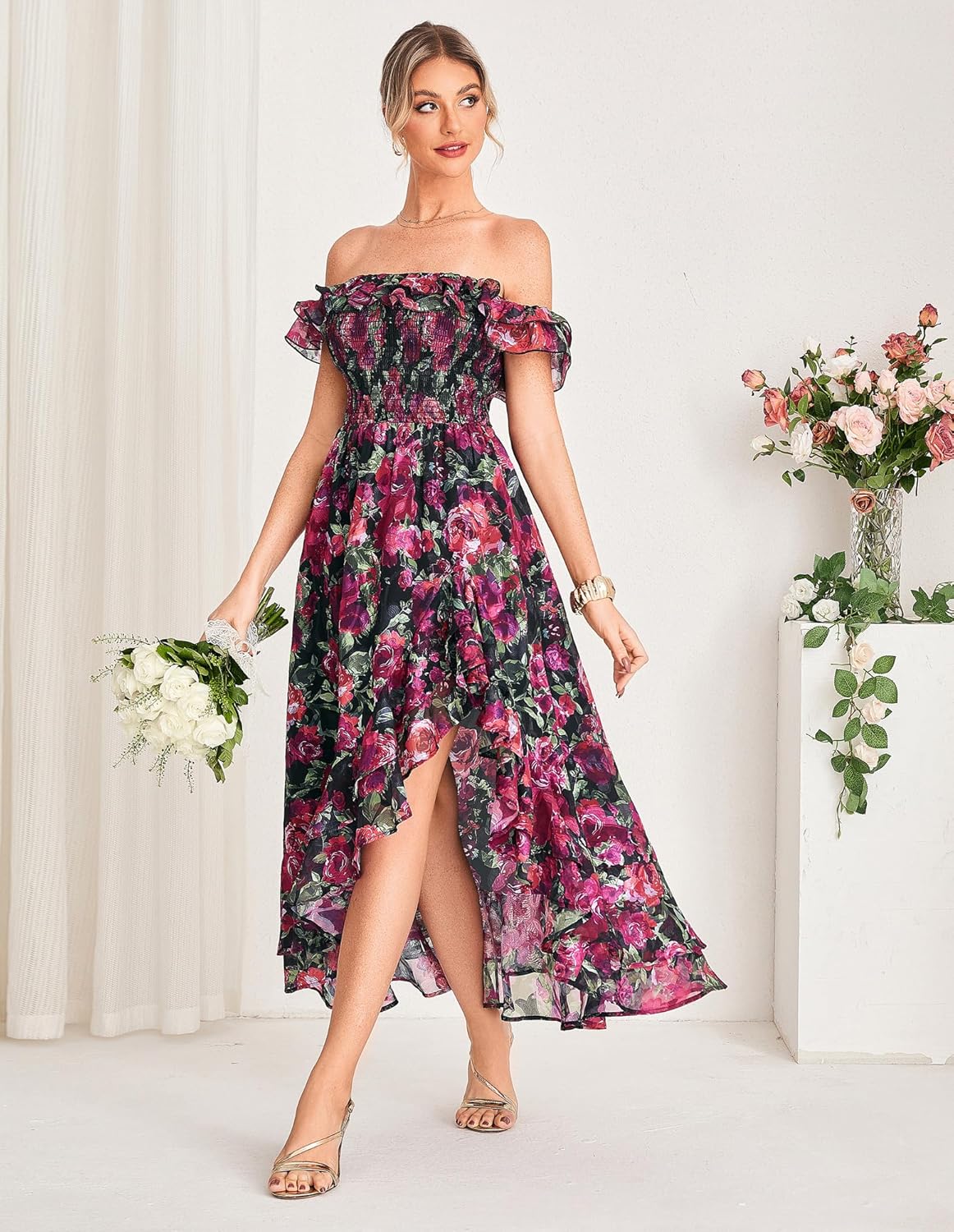 GRACE KARIN Women's Floral Print Maxi Dress Off Shoulder Smocked A Line Flowy Ruffle Wedding Guest Dresses with Pockets - 7DAY'S