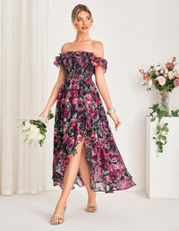 GRACE KARIN Women's Floral Print Maxi Dress Off Shoulder Smocked A Line Flowy Ruffle Wedding Guest Dresses with Pockets - 7DAY'S