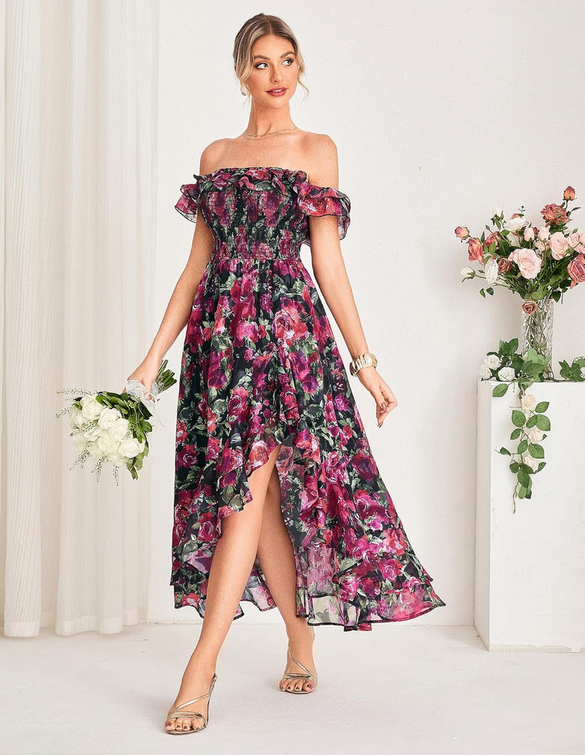 GRACE KARIN Women's Floral Print Maxi Dress Off Shoulder Smocked A Line Flowy Ruffle Wedding Guest Dresses with Pockets - 7DAY'S