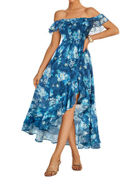 GRACE KARIN Women's Floral Print Maxi Dress Off Shoulder Smocked A Line Flowy Ruffle Wedding Guest Dresses with Pockets - 7DAY'S