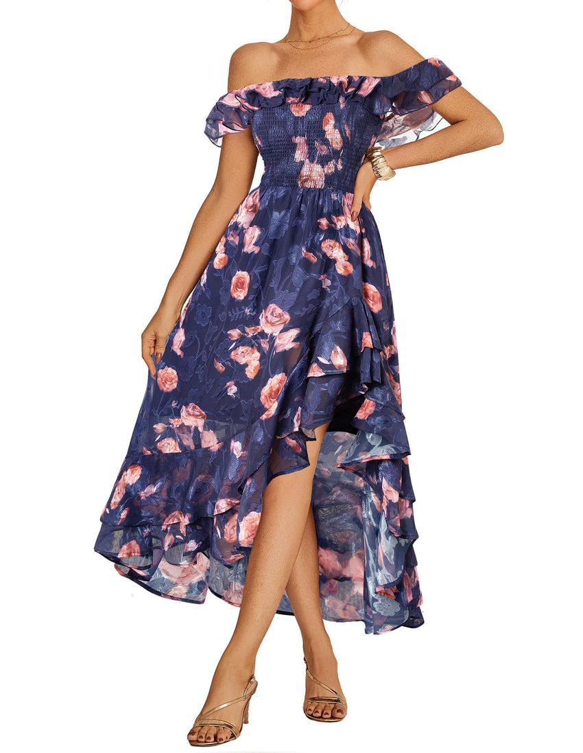 GRACE KARIN Women's Floral Print Maxi Dress Off Shoulder Smocked A Line Flowy Ruffle Wedding Guest Dresses with Pockets - 7DAY'S