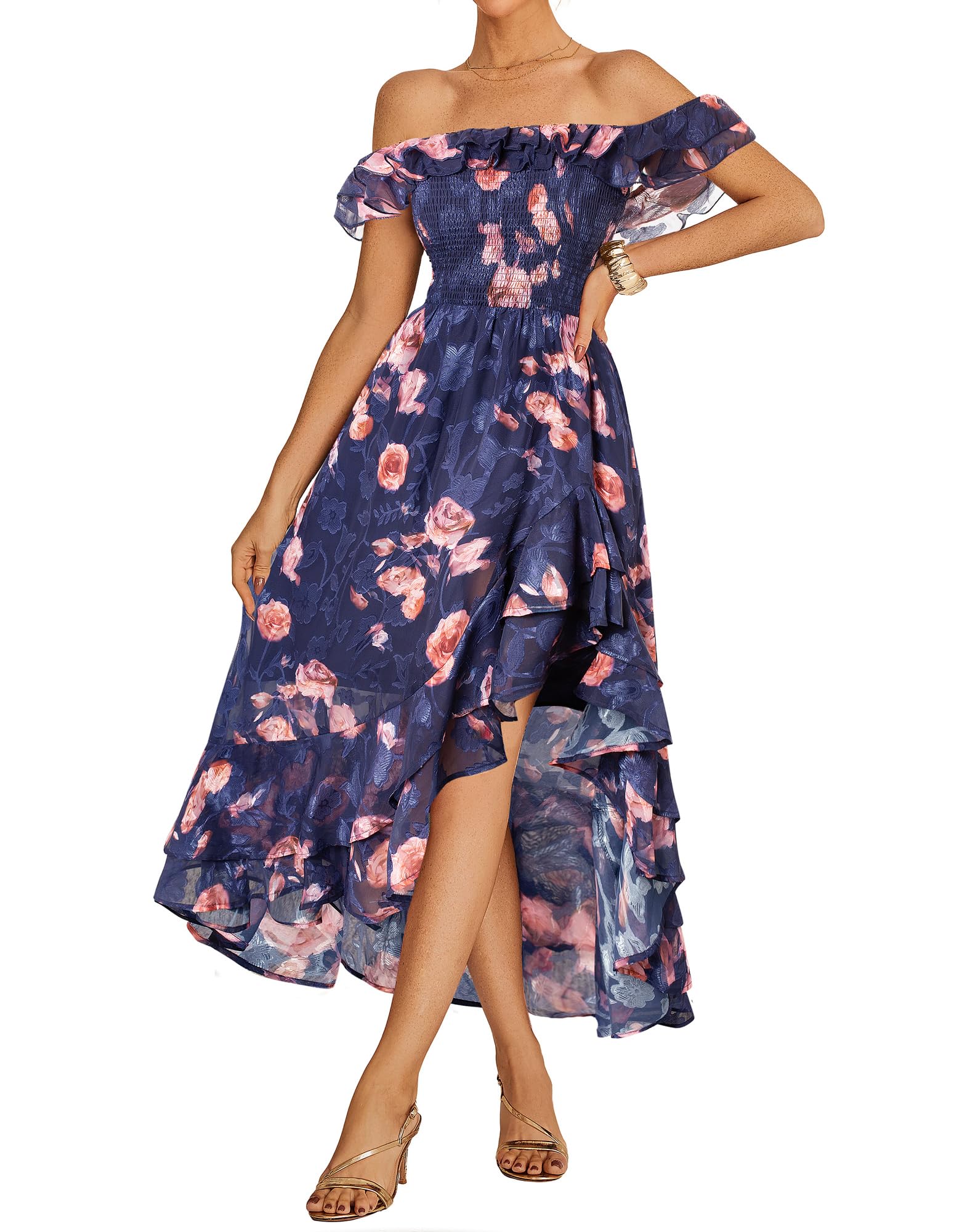 GRACE KARIN Women's Floral Print Maxi Dress Off Shoulder Smocked A Line Flowy Ruffle Wedding Guest Dresses with Pockets - 7DAY'S