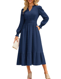 GRACE KARIN Women's Puff Long Sleeve V Neck Smocked Maxi Dress Tiered A - line Spring Fall Flowy Long Dress with Pockets - 7DAY'S