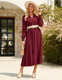GRACE KARIN Women's Puff Long Sleeve V Neck Smocked Maxi Dress Tiered A - line Spring Fall Flowy Long Dress with Pockets - 7DAY'S
