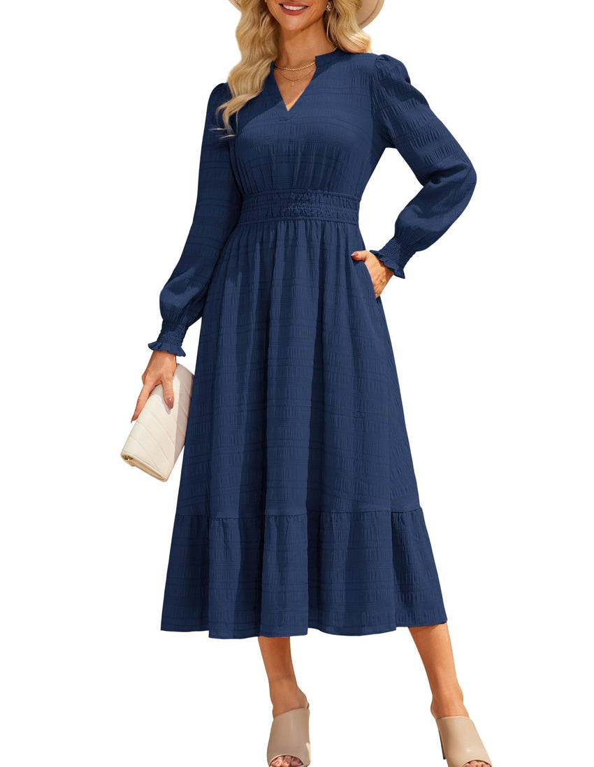 GRACE KARIN Women's Puff Long Sleeve V Neck Smocked Maxi Dress Tiered A - line Spring Fall Flowy Long Dress with Pockets - 7DAY'S