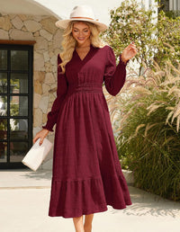 GRACE KARIN Women's Puff Long Sleeve V Neck Smocked Maxi Dress Tiered A - line Spring Fall Flowy Long Dress with Pockets - 7DAY'S