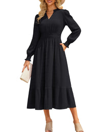 GRACE KARIN Women's Puff Long Sleeve V Neck Smocked Maxi Dress Tiered A - line Spring Fall Flowy Long Dress with Pockets - 7DAY'S
