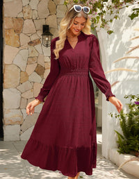 GRACE KARIN Women's Puff Long Sleeve V Neck Smocked Maxi Dress Tiered A - line Spring Fall Flowy Long Dress with Pockets - 7DAY'S