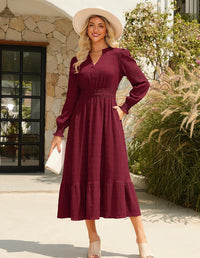 GRACE KARIN Women's Puff Long Sleeve V Neck Smocked Maxi Dress Tiered A - line Spring Fall Flowy Long Dress with Pockets - 7DAY'S