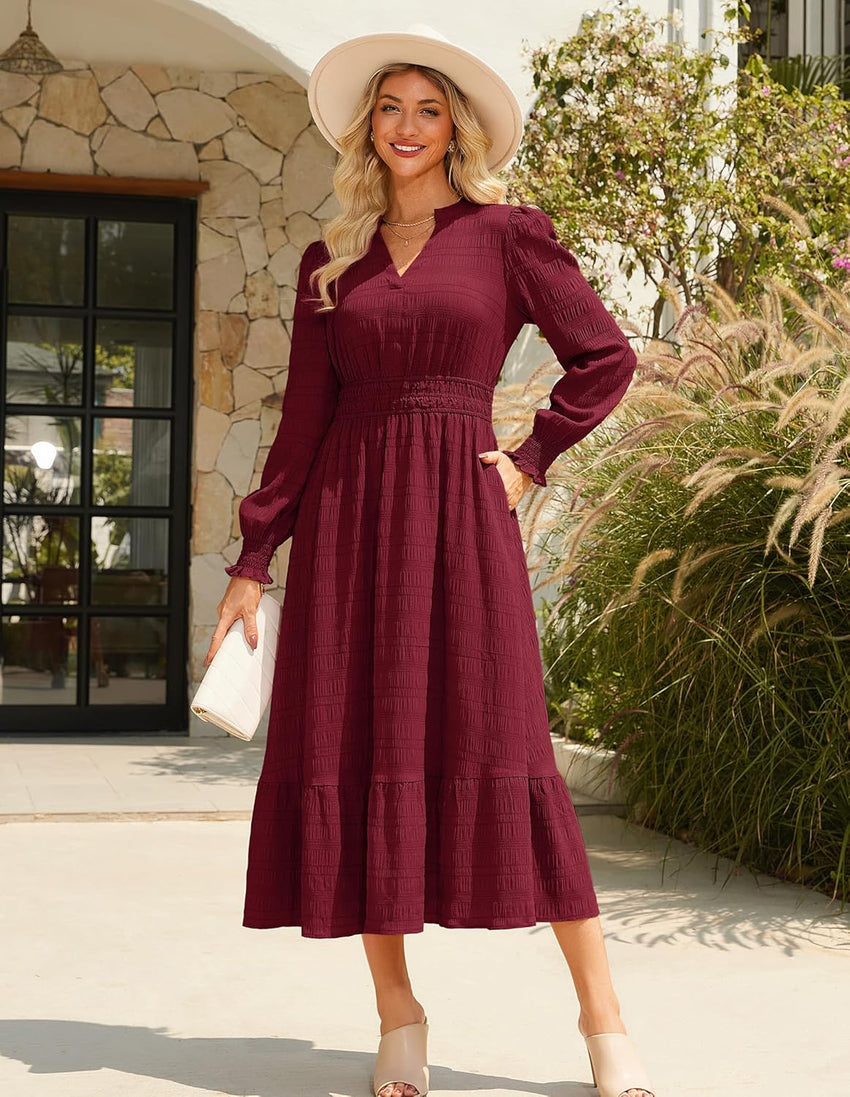 GRACE KARIN Women's Puff Long Sleeve V Neck Smocked Maxi Dress Tiered A - line Spring Fall Flowy Long Dress with Pockets - 7DAY'S
