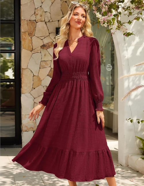 GRACE KARIN Women's Puff Long Sleeve V Neck Smocked Maxi Dress Tiered A - line Spring Fall Flowy Long Dress with Pockets - 7DAY'S