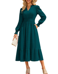 GRACE KARIN Women's Puff Long Sleeve V Neck Smocked Maxi Dress Tiered A - line Spring Fall Flowy Long Dress with Pockets - 7DAY'S