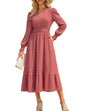 GRACE KARIN Women's Puff Long Sleeve V Neck Smocked Maxi Dress Tiered A - line Spring Fall Flowy Long Dress with Pockets - 7DAY'S