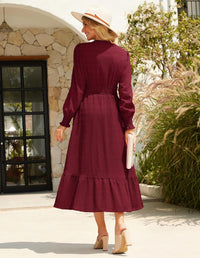 GRACE KARIN Women's Puff Long Sleeve V Neck Smocked Maxi Dress Tiered A - line Spring Fall Flowy Long Dress with Pockets - 7DAY'S