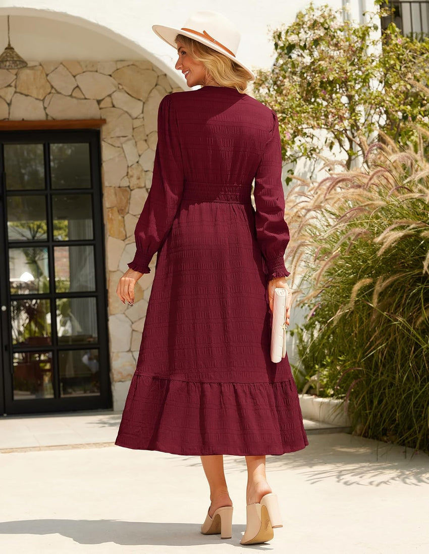GRACE KARIN Women's Puff Long Sleeve V Neck Smocked Maxi Dress Tiered A - line Spring Fall Flowy Long Dress with Pockets - 7DAY'S