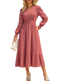 GRACE KARIN Women's Puff Long Sleeve V Neck Smocked Maxi Dress Tiered A - line Spring Fall Flowy Long Dress with Pockets - 7DAY'S