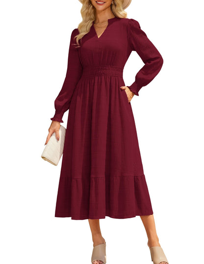 GRACE KARIN Women's Puff Long Sleeve V Neck Smocked Maxi Dress Tiered A - line Spring Fall Flowy Long Dress with Pockets - 7DAY'S