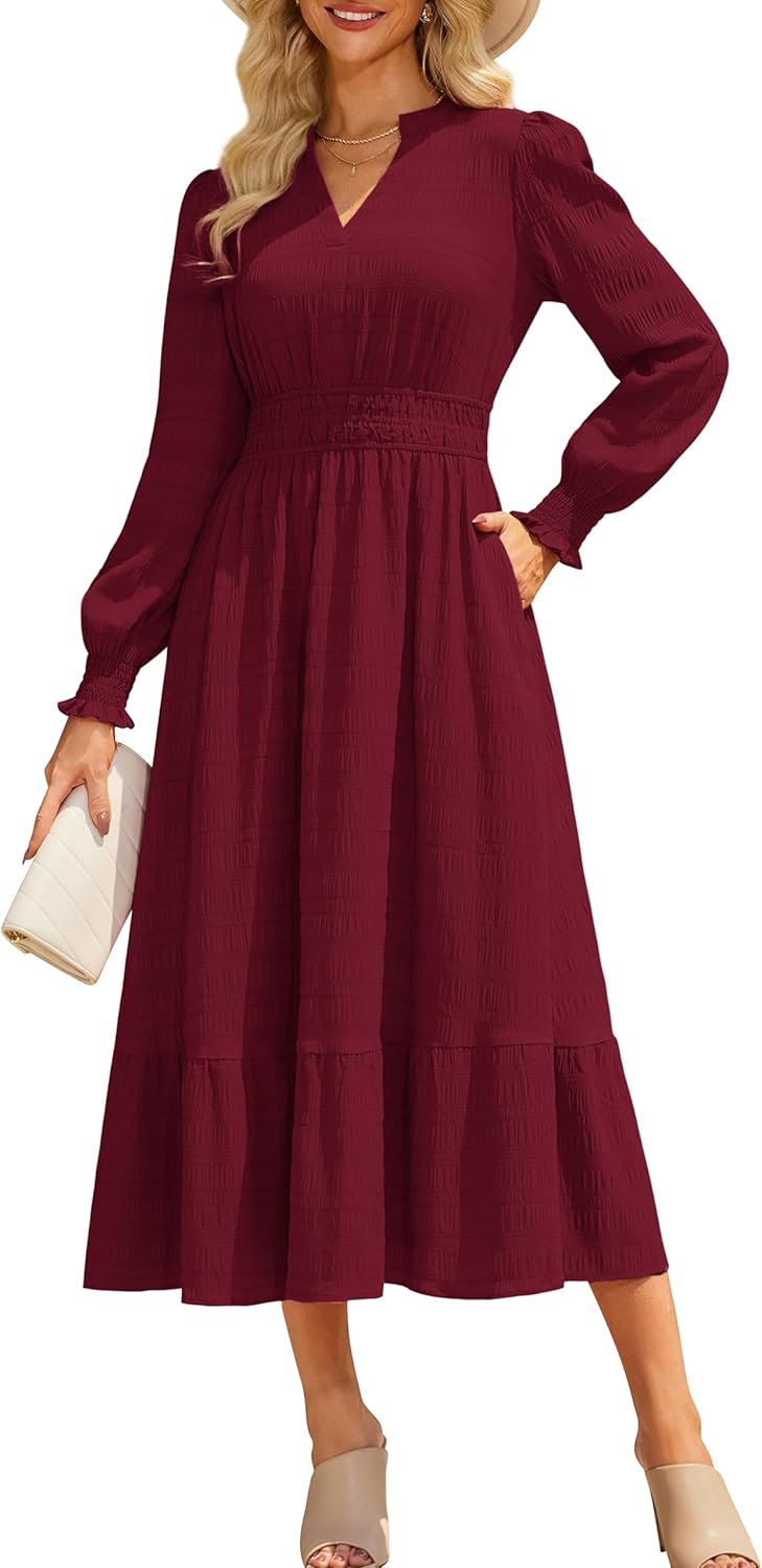 GRACE KARIN Women's Puff Long Sleeve V Neck Smocked Maxi Dress Tiered A - line Spring Fall Flowy Long Dress with Pockets - 7DAY'S