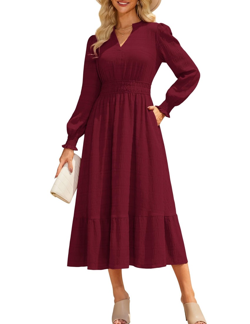 GRACE KARIN Women's Puff Long Sleeve V Neck Smocked Maxi Dress Tiered A - line Spring Fall Flowy Long Dress with Pockets - 7DAY'S
