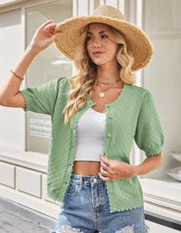 GRACE KARIN Women's Puff Short Sleeve Cardigan Tops 2025 Summer Lightweight Crew Neck Button Down Knit Sweater Blouses - 7DAY'S