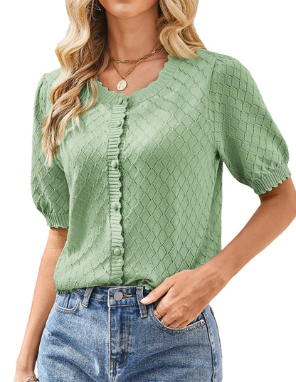 GRACE KARIN Women's Puff Short Sleeve Cardigan Tops 2025 Summer Lightweight Crew Neck Button Down Knit Sweater Blouses - 7DAY'S