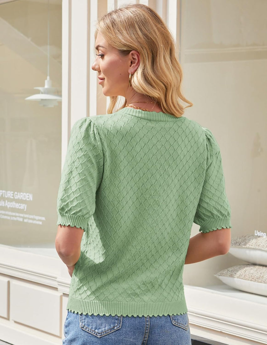 GRACE KARIN Women's Puff Short Sleeve Cardigan Tops 2025 Summer Lightweight Crew Neck Button Down Knit Sweater Blouses - 7DAY'S