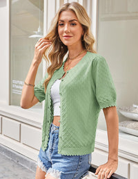 GRACE KARIN Women's Puff Short Sleeve Cardigan Tops 2025 Summer Lightweight Crew Neck Button Down Knit Sweater Blouses - 7DAY'S