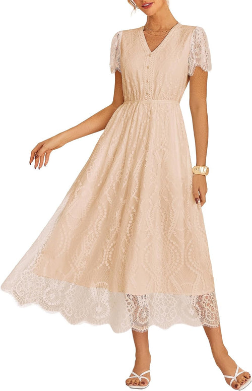 GRACE KARIN Women's V Neck Short Sleeve Buttons Floral Lace Wedding Dress Bridesmaid Cocktail Party Maxi Dress