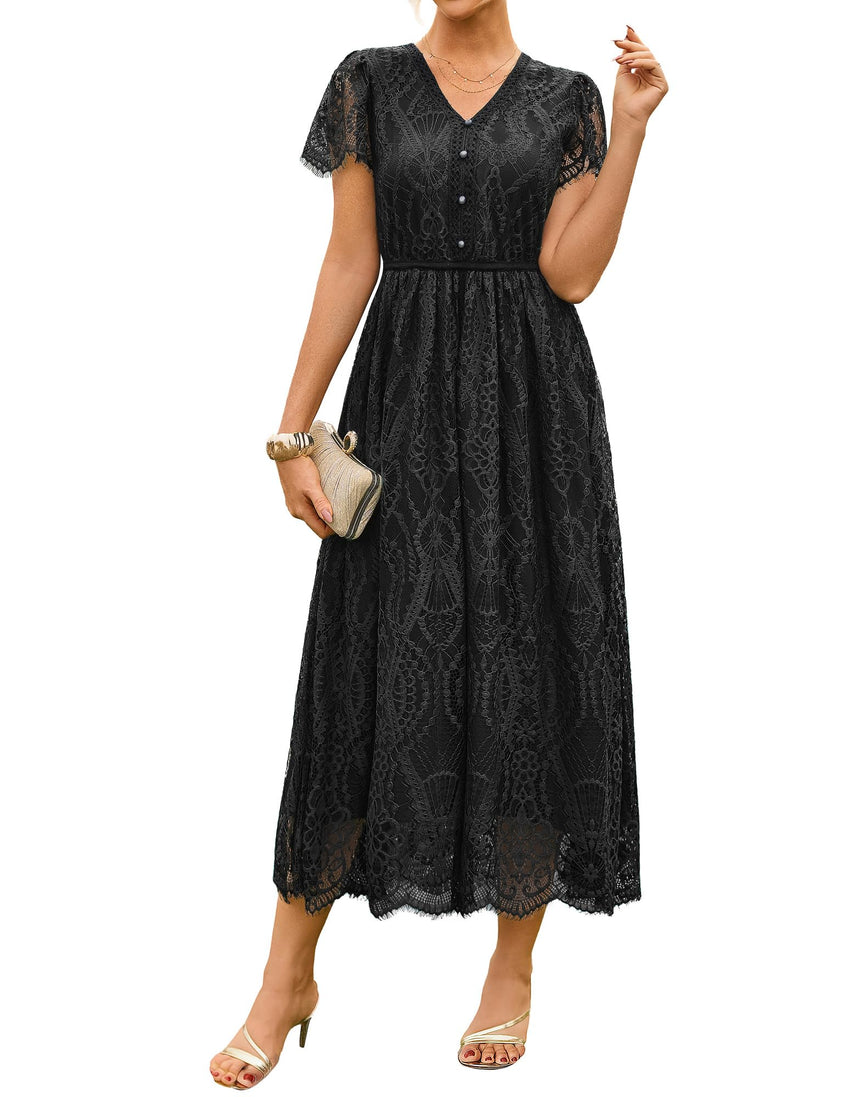 GRACE KARIN Women's V Neck Short Sleeve Buttons Floral Lace Wedding Dress Bridesmaid Cocktail Party Maxi Dress - 7DAY'S