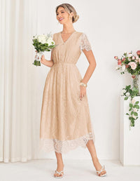 GRACE KARIN Women's V Neck Short Sleeve Buttons Floral Lace Wedding Dress Bridesmaid Cocktail Party Maxi Dress - 7DAY'S