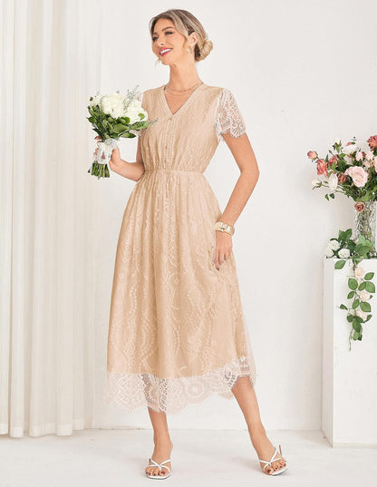 GRACE KARIN Women's V Neck Short Sleeve Buttons Floral Lace Wedding Dress Bridesmaid Cocktail Party Maxi Dress - 7DAY'S