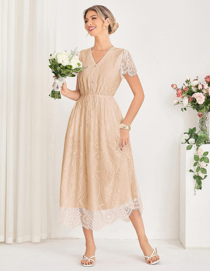 GRACE KARIN Women's V Neck Short Sleeve Buttons Floral Lace Wedding Dress Bridesmaid Cocktail Party Maxi Dress - 7DAY'S