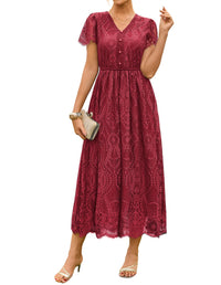 GRACE KARIN Women's V Neck Short Sleeve Buttons Floral Lace Wedding Dress Bridesmaid Cocktail Party Maxi Dress - 7DAY'S