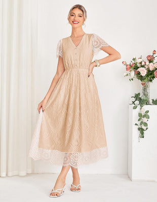 GRACE KARIN Women's V Neck Short Sleeve Buttons Floral Lace Wedding Dress Bridesmaid Cocktail Party Maxi Dress - 7DAY'S